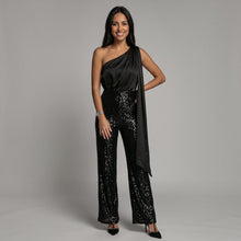 Load image into Gallery viewer, Model wearing Aurora Boutique Miami black one-shoulder satin top jumpsuit with sequin wide-leg pants