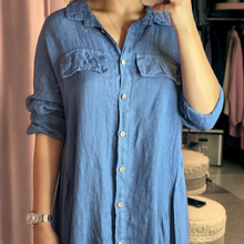 Load image into Gallery viewer, Aurora Boutique Miami blue linen high low cover up shirt with button front, collar, and mock pocket lapels