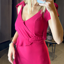 Load image into Gallery viewer, Aurora Boutique Miami Doral formal dress in vibrant fuchsia with a wrap-style bodice and tie-shoulder detail.