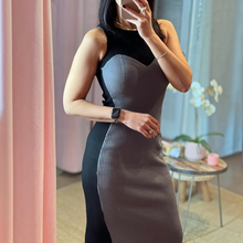 Load image into Gallery viewer, Aurora Boutique Miami Odalys knit dress featuring a two-tone grey and black ribbed design with a sweetheart neckline.