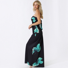 Load image into Gallery viewer, Aurora Boutique Miami Caceres strapless maxi dress in black with teal floral print and back chest tie detail