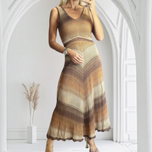 Load image into Gallery viewer, Aurora Boutique Miami Sueli crochet dress with V-neck and brown ombré gradient stripes on a model in a bright room.