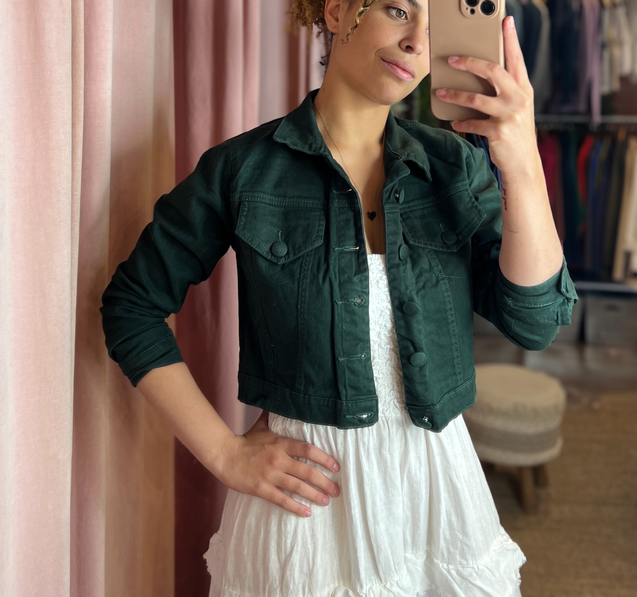 Green denim skirt and jacket best sale