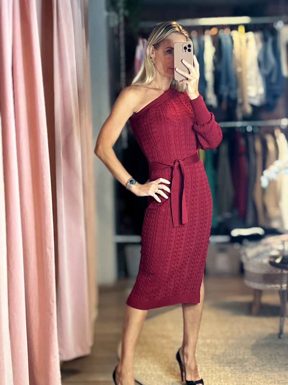 Gia One Shoulder Long Sleeve Knit Dress