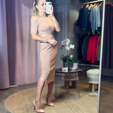 Load image into Gallery viewer, Aurora Boutique Miami beige ribbed crochet midi dress with short sleeves worn by a model in a mirror selfie

