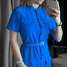 Load image into Gallery viewer, Aurora Boutique Miami Valerie royal blue button-up romper with short sleeves, chest pockets, and a matching belt.
