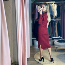 Load image into Gallery viewer, Aurora Boutique Miami Gia one-shoulder long sleeve red knit midi dress with cable knit texture and side slit
