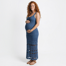 Load image into Gallery viewer, Aurora Boutique Miami Lua crochet maxi dress in navy blue with square neckline worn by a pregnant model
