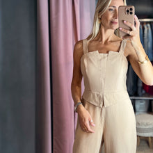 Load image into Gallery viewer, Aurora Boutique Miami Lucy viscose jumpsuit in beige with a structured corset-style bodice and wide-leg trousers.
