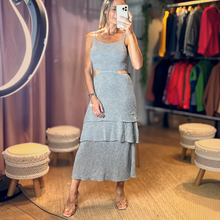 Load image into Gallery viewer, Aurora Boutique Miami Paulina lurex crochet midi dress with side cutouts and tiered skirt worn by a model in a studio
