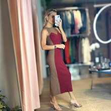 Load image into Gallery viewer, Aurora Boutique Miami Odalys knit midi dress in burgundy and taupe with a sleeveless, form-fitting silhouette.
