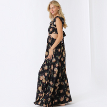 Load image into Gallery viewer, Aurora Boutique Miami Olaya floral maxi dress with ruffle sleeves and side cut-outs worn by a blonde model
