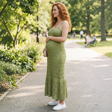 Load image into Gallery viewer, Aurora Boutique Miami Samira crochet maxi dress in olive green with button-front detail worn by a pregnant model
