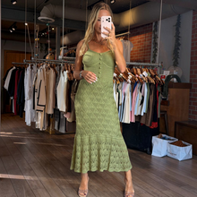Load image into Gallery viewer, Aurora Boutique Miami Samira crochet maxi dress in olive green with V-neck, button front, and fitted bodice.
