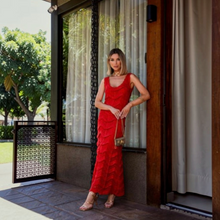 Load image into Gallery viewer, Model wearing a red Aurora Boutique Miami Valentina crochet maxi dress with a scoop neckline and tiered fringe detail.
