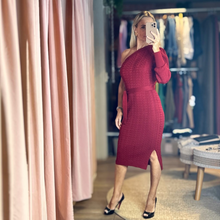 Load image into Gallery viewer, Aurora Boutique Miami Gia one-shoulder long sleeve cable knit dress in deep red with a belted waist and side slit.
