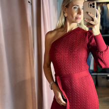 Load image into Gallery viewer, Aurora Boutique Miami Gia one-shoulder long sleeve red cable knit dress worn by a blonde model in a mirror selfie
