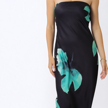 Load image into Gallery viewer, Aurora Boutique Miami Caceres strapless black midi dress with teal floral print and back chest tie detail
