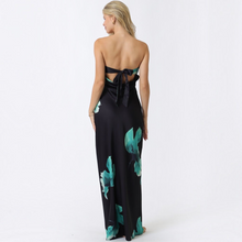 Load image into Gallery viewer, Aurora Boutique Miami Caceres strapless maxi dress in black with teal floral print and back chest tie detail
