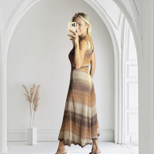 Load image into Gallery viewer, Aurora Boutique Miami Sueli crochet dress with gradient brown ombré stripes, V-neck, and flowing silhouette

