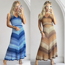 Load image into Gallery viewer, Aurora Boutique Miami Sueli crochet dress with V-neck and gradient ombré stripes worn by a blonde model.
