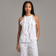 Load image into Gallery viewer, Aurora Boutique Miami Corinne white linen halter top with ruffled front detail worn by a model
