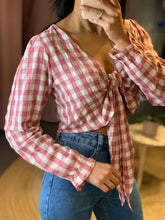 Load image into Gallery viewer, Front Knot Plaid Long Plaid Long Sleeves Crop Blouse
