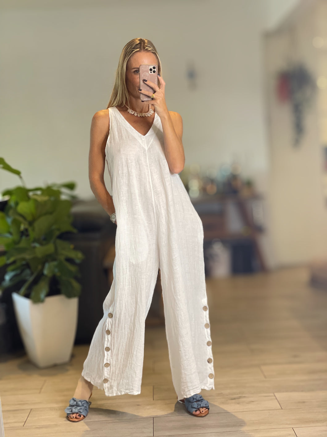 Elena Solid Color Linen Jumpsuit